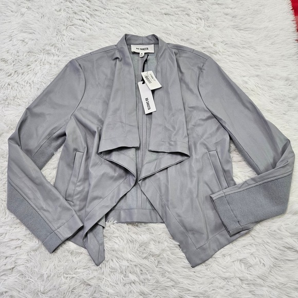 NWT BB Dakota Women's Gray Waterfall Faux Leather Cardigan Jacket. Size M - Picture 1 of 8